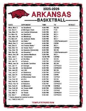 Arkansas Razorbacks Basketball 2025-26 Printable Schedule - Pacific Times