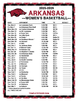 Arkansas Razorbacks women's basketball 2025-26 Printable Schedule - Mountain Times