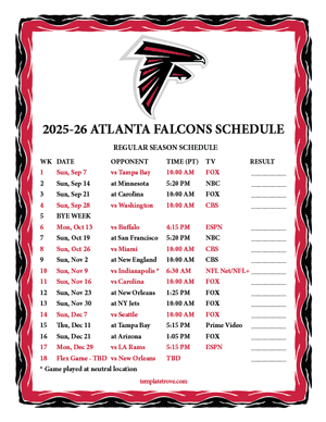 Atlanta Falcons 2025-26
 Printable Schedule - Pacific Times