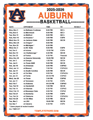 2024-25 Printable Auburn Tigers Basketball Schedule