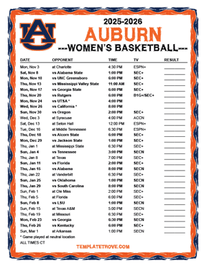 Auburn Tigers women's basketball 2025-26 Printable Schedule - Central Times