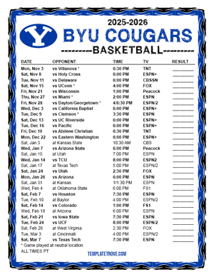 BYU Cougars Basketball 2025-26 Printable Schedule - Pacific Times