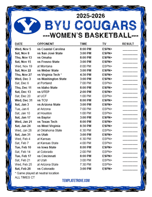 BYU Cougars Women's Basketball 2025-26 Printable Schedule - Central Times