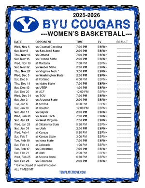BYU Cougars Women's Basketball 2025-26 Printable Schedule - Mountain Times