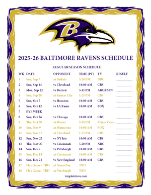 Baltimore Ravens 2025-26
 Printable Schedule - Pacific Times