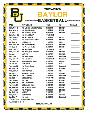 Baylor Bears Basketball 2025-26 Printable Schedule - Pacific Times