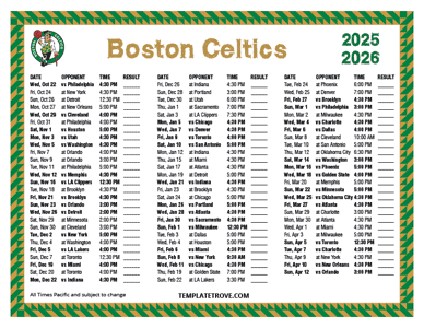 Boston Celtics 2025-26 Printable Schedule - Pacific Times