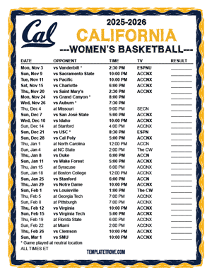 2025-26 Printable California Golden Bears Women's Basketball Schedule
