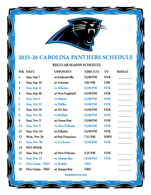 Carolina Panthers 2025-26
 Printable Schedule - Central Times