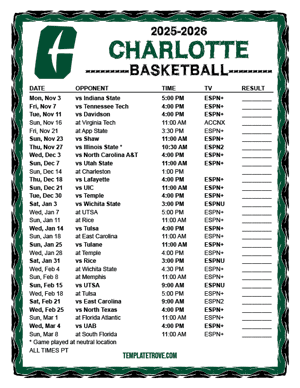 Charlotte 49ers Pirates Basketball 2025-26 Printable Schedule - Pacific Times