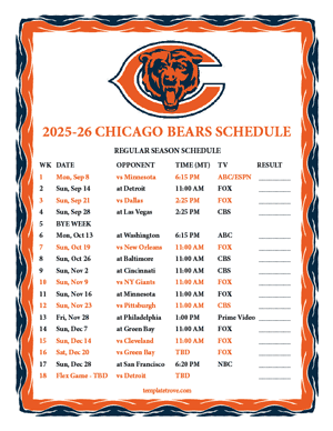Chicago Bears 2025-26
 Printable Schedule - Mountain Times