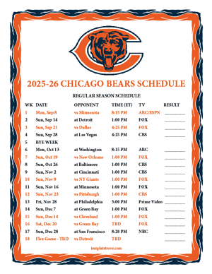 Chicago Bears 2025-26
 Printable Schedule