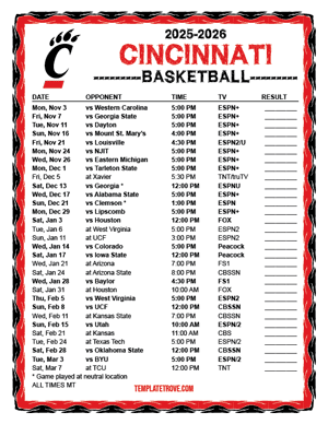 Cincinnati Bearcats Basketball 2025-26 Printable Schedule - Mountain Times