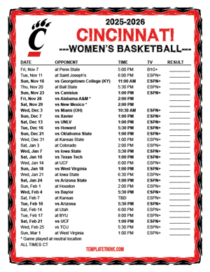 Cincinnati Bearcats Women's Basketball 2025-26 Printable Schedule - Central Times