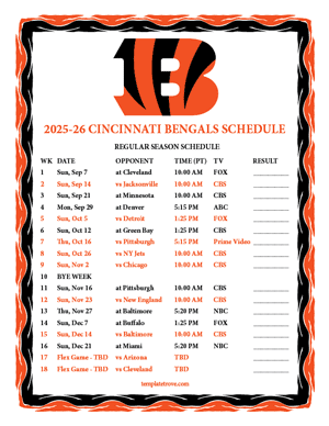 Cincinnati Bengals 2025-26
 Printable Schedule - Pacific Times
