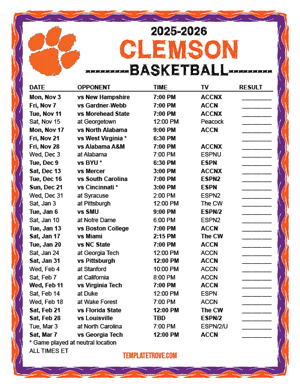 2024-25 Printable Clemson Tigers Basketball Schedule
