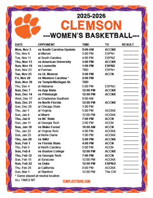 Clemson Tigers women's basketball 2025-26 Printable Schedule - Mountain Times