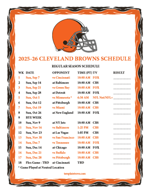 Cleveland Browns 2025-26
 Printable Schedule - Pacific Times