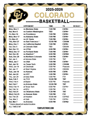 Colorado Buffaloes Basketball 2025-26 Printable Schedule - Mountain Times