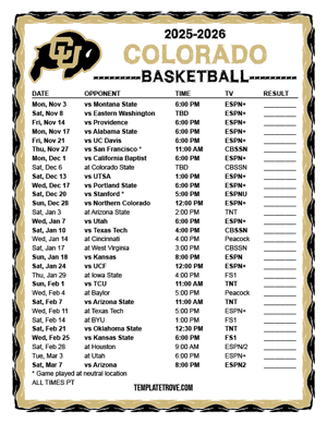 Colorado Buffaloes Basketball 2025-26 Printable Schedule - Pacific Times