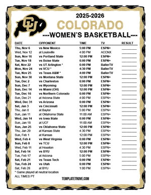 Colorado Buffaloes Women's Basketball 2025-26 Printable Schedule - Pacific Times