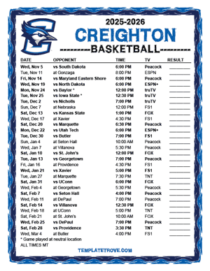 Creighton Bluejays Basketball 2025-26 Printable Schedule - Mountain Times