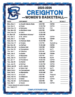 Creighton Bluejays Women's Basketball 2025-26 Printable Schedule - Pacific Times