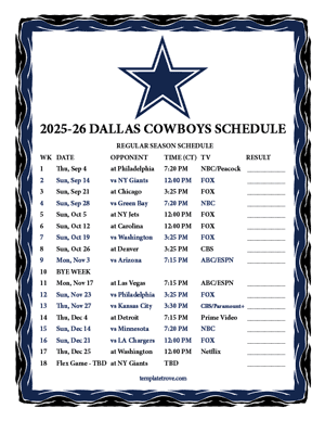 Dallas Cowboys 2025-26
 Printable Schedule - Central Times