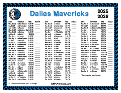 Dallas Mavericks 2025-26 Printable Schedule