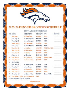 Denver Broncos 2025-26
 Printable Schedule - Pacific Times
