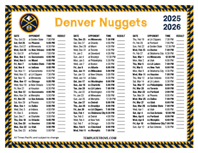 Denver Nuggets 2025-26 Printable Schedule - Pacific Times