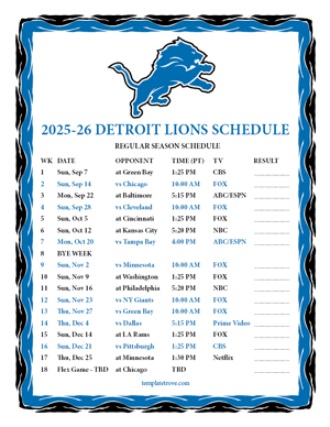 Detroit Lions 2025-26
Printable Schedule - Pacific Times