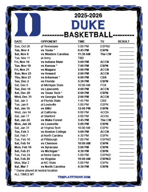 Duke Blue Devils Basketball 2025-26 Printable Schedule - Mountain Times