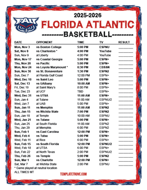 Florida Atlantic Owls Basketball 2025-26 Printable Schedule - Mountain Times