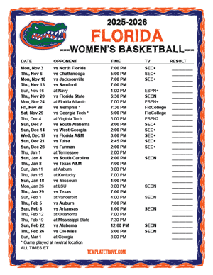 2024-25 Printable Florida Gators Women's Basketball Schedule