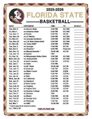Florida State Seminoles Basketball 2025-26 Printable Schedule - Mountain Times