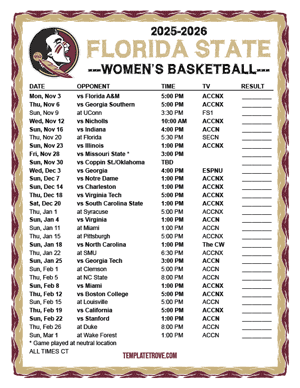 Florida State Seminoles women's basketball 2025-26 Printable Schedule - Central Times