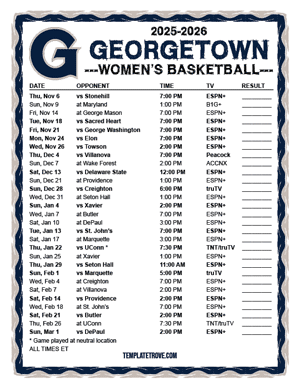 2024-25 Printable Georgetown Hoyas Women's Basketball Schedule