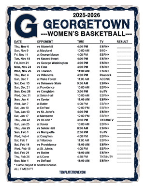 Georgetown Hoyas Women's Basketball 2025-26 Printable Schedule - Pacific Times