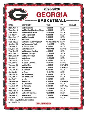 Georgia Bulldogs Basketball 2025-26 Printable Schedule - Pacific Times