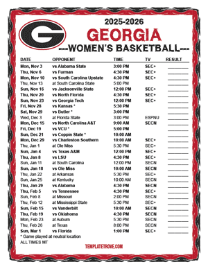 Georgia Bulldogs women's basketball 2025-26 Printable Schedule - Mountain Times