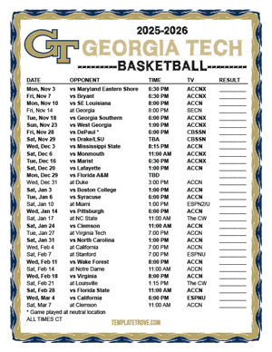 Georgia Tech Yellow Jackets Basketball 2025-26 Printable Schedule - Central Times