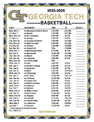 2024-25 Printable Georgia Tech Yellow Jackets Basketball Schedule