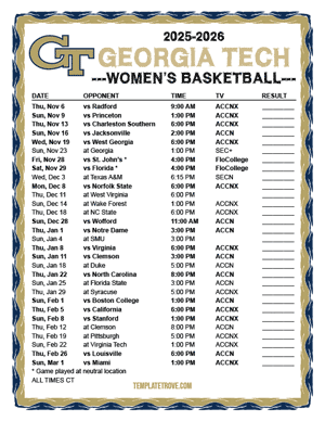 Georgia Tech Yellow Jackets women's basketball 2025-26 Printable Schedule - Central Times