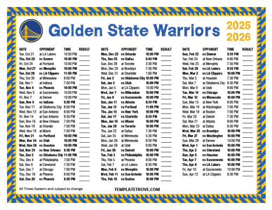 Golden State Warriors 2025-26 Printable Schedule