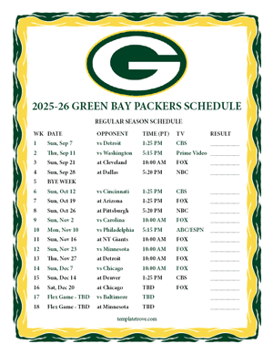 Green Bay Packers 2025-26
 Printable Schedule - Pacific Times