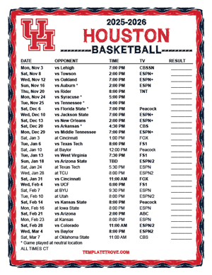 Houston Cougars Basketball 2025-26 Printable Schedule - Central Times