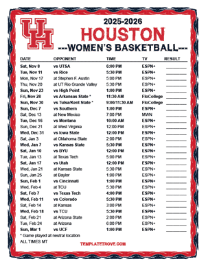 Houston Cougars Women's Basketball 2025-26 Printable Schedule - Mountain Times
