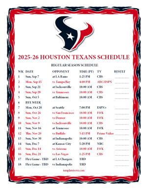 Houston Texans 2025-26
 Printable Schedule - Pacific Times