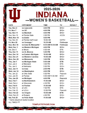 Indiana Hoosiers Women's Basketball 2025-26 Printable Schedule - Pacific Times